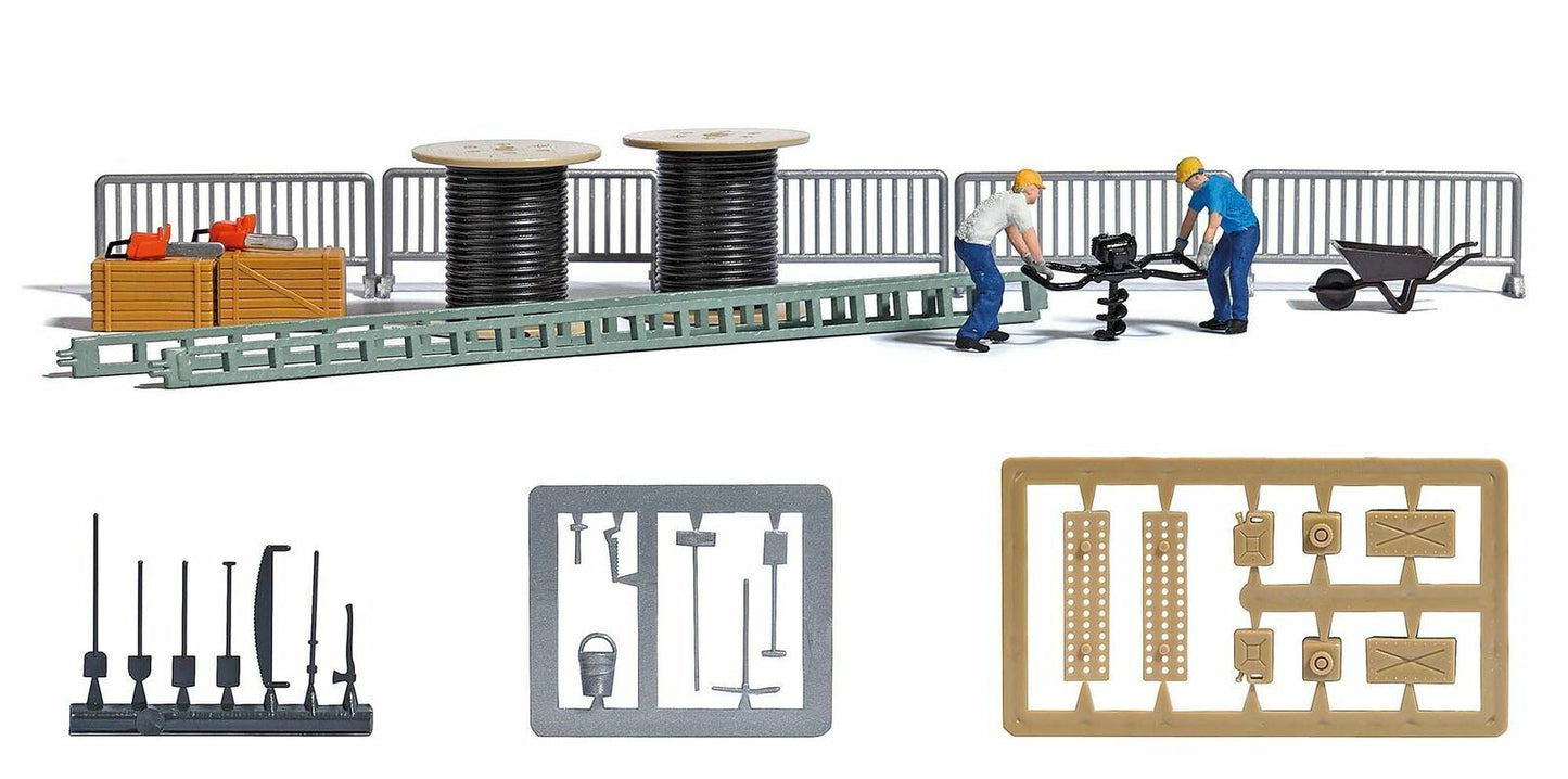 BUSCH 7834 DRILL WITH 2 FIGURES + FENCE, CABLE, TOOLS, LADDERS 1:87