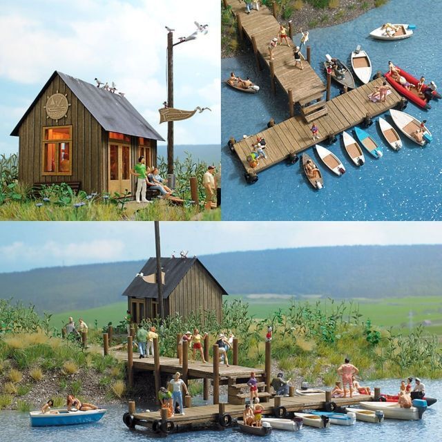 HO Busch 1065 Lake Diorama BOAT RENTAL KIT w/ Office Building , Boats and Dock